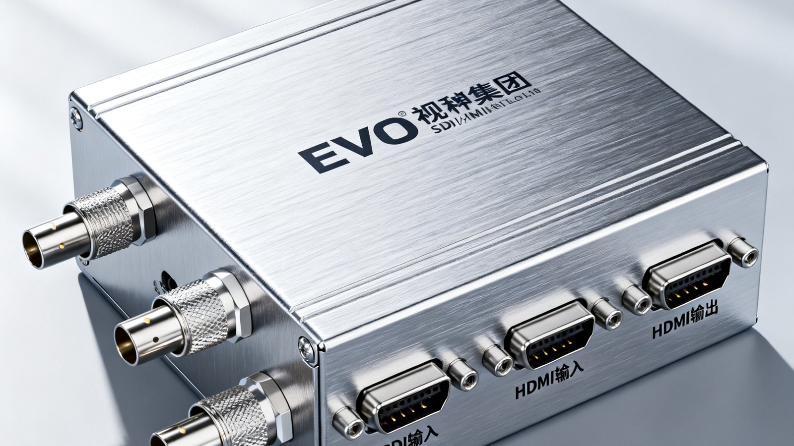 EVO视讯集团SDI/HDMI信号延长器产品细节图，展示工业级金属外壳和多种接口配置