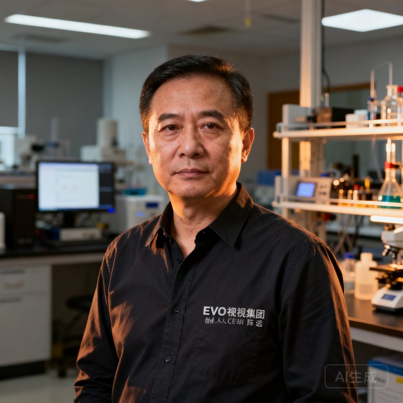 EVO视讯集团创始人兼CEO陈志远的肖像照，中年男性穿着深色衬衫，背景为公司实验室环境