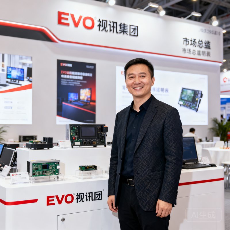 EVO视讯集团市场总监张明远在行业展会上的形象照，身着商务装，背景为产品展台