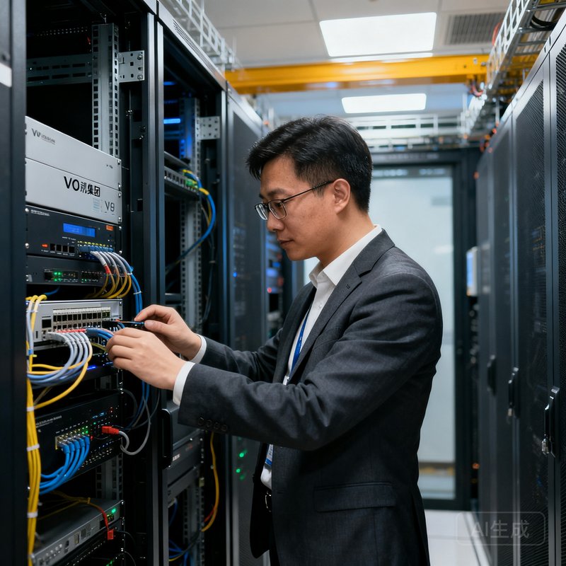 EVO视讯集团售后技术总监刘思涵的现场工作照，正在客户机房进行设备调试